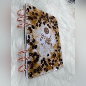 "Coffee-Inspired Resin Notebook: 'Good Vibes' Design for Positive Energy"